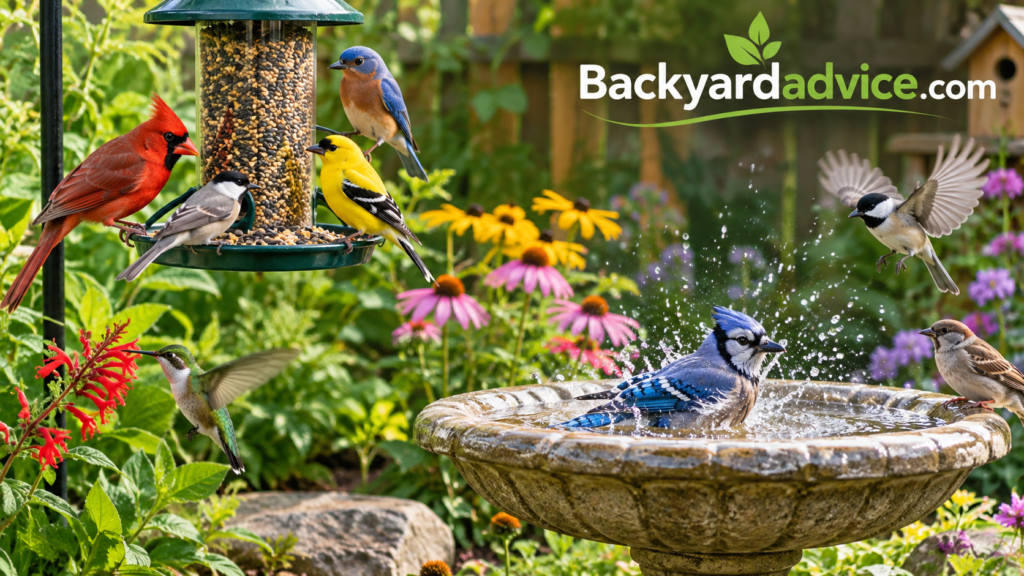 A colorful mix of songbirds feeding and bathing in a lush backyard garden