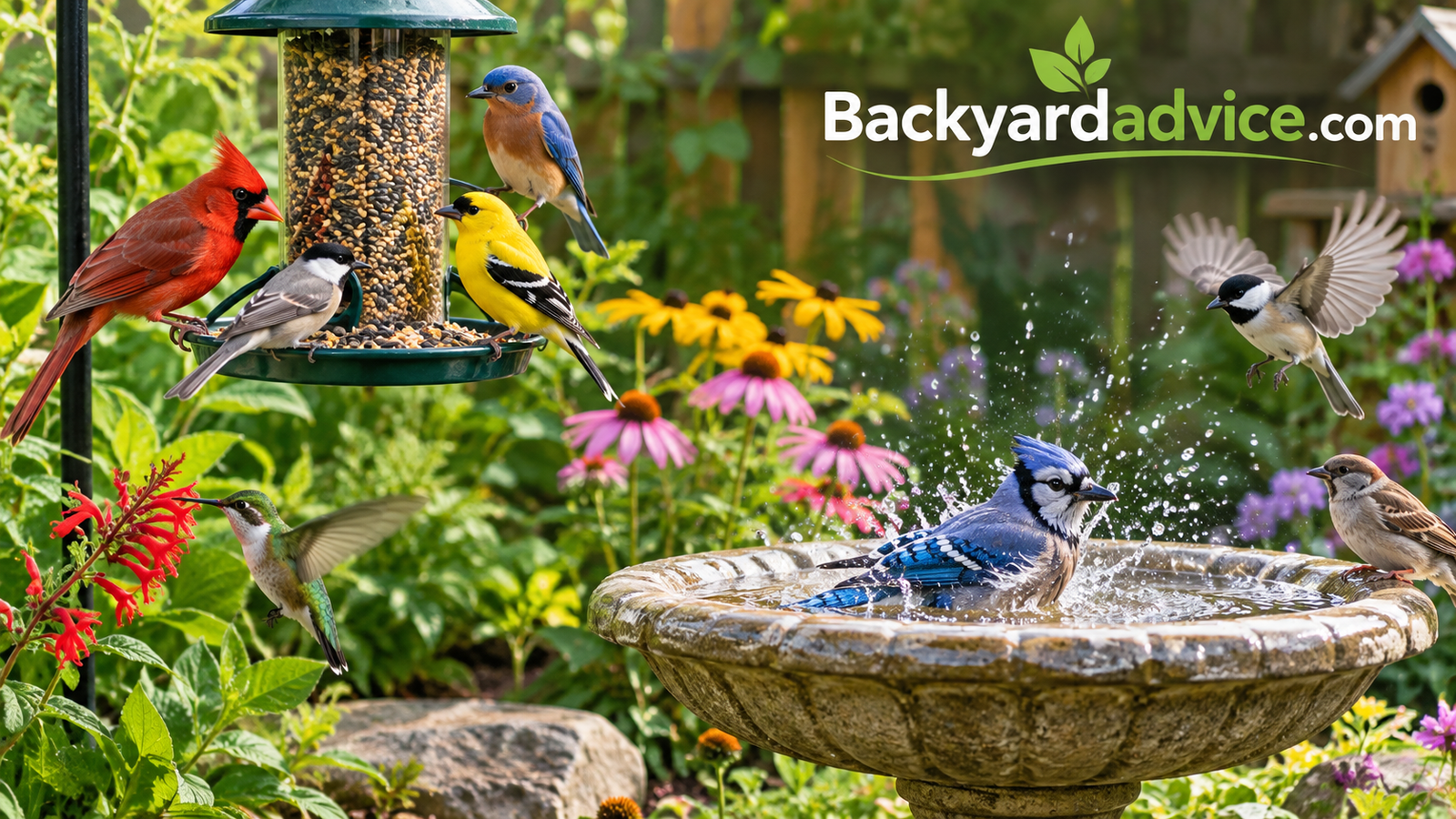 A colorful mix of songbirds feeding and bathing in a lush backyard garden