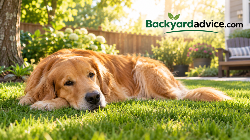 A golden retriever resting peacefully on the grass in a quiet, sunlit backyard