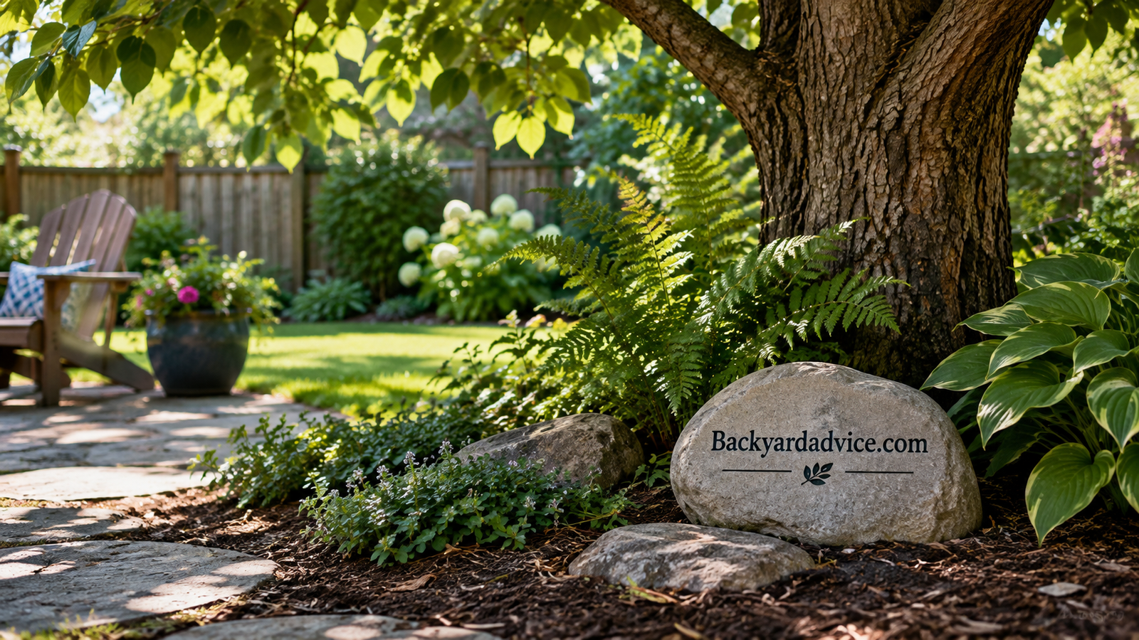 A shaded corner of a peaceful backyard garden with a small stone marker beneath a tree