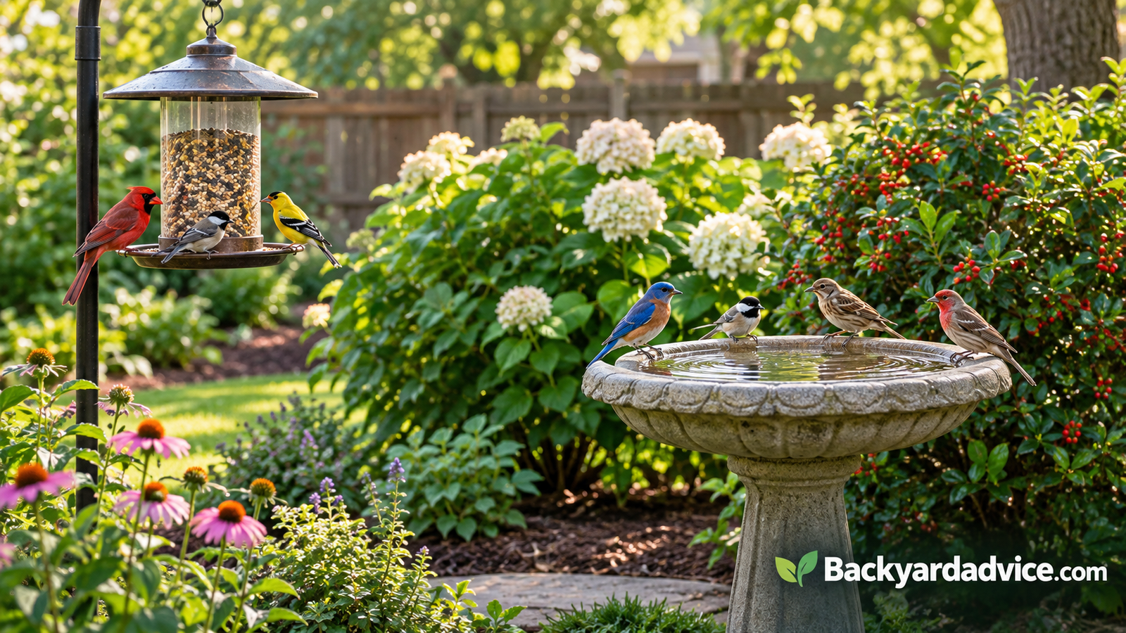 Backyard with a feeder, shrubs and a bird bath where several small birds are gathering