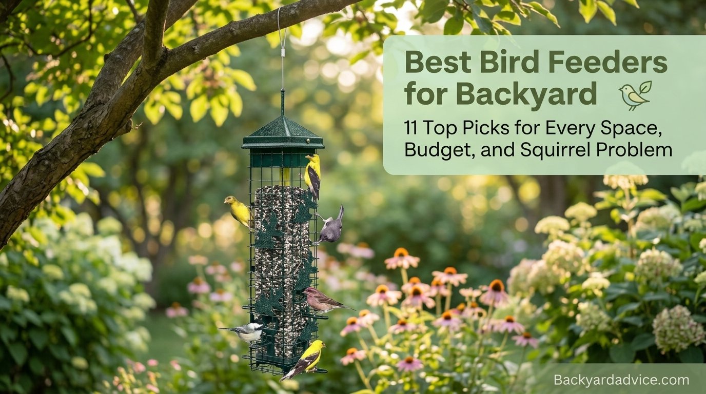 Backyard bird feeder hanging from a hook with finches perched on the ports