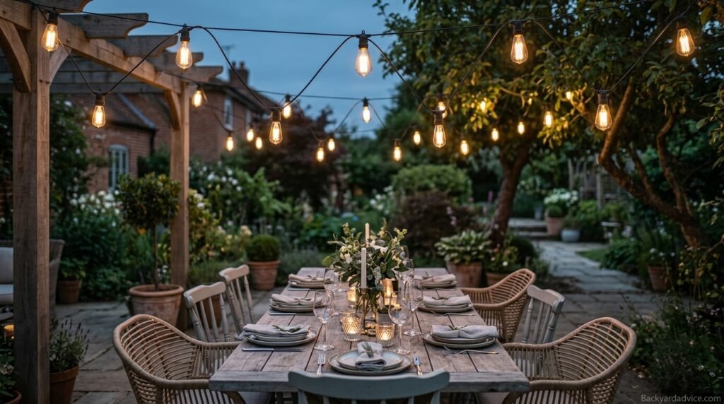Café-style string lights hung in a zigzag pattern over an outdoor dining table