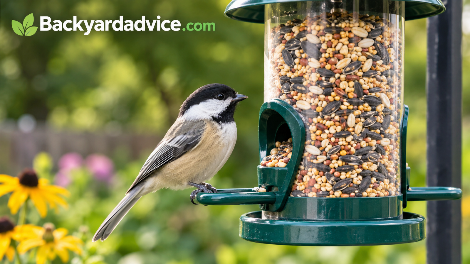Close-up of a songbird perched near a clean, well-stocked seed feeder