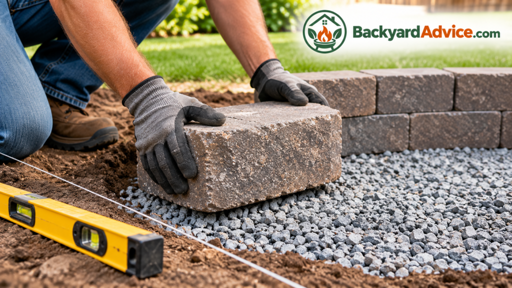 Close-up of hands setting a retaining wall block on a leveled gravel base for a DIY fire pit