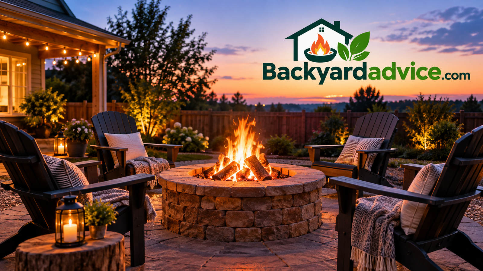 Cozy backyard fire pit glowing at dusk with chairs gathered around it