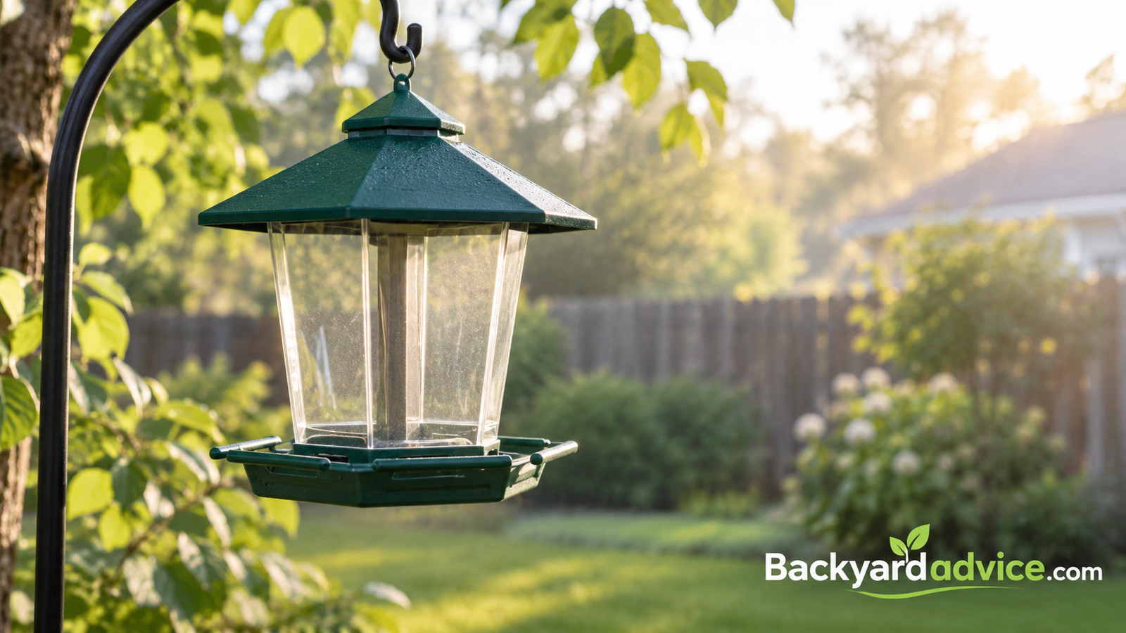 Empty backyard bird feeder hanging in soft morning light with no birds around it