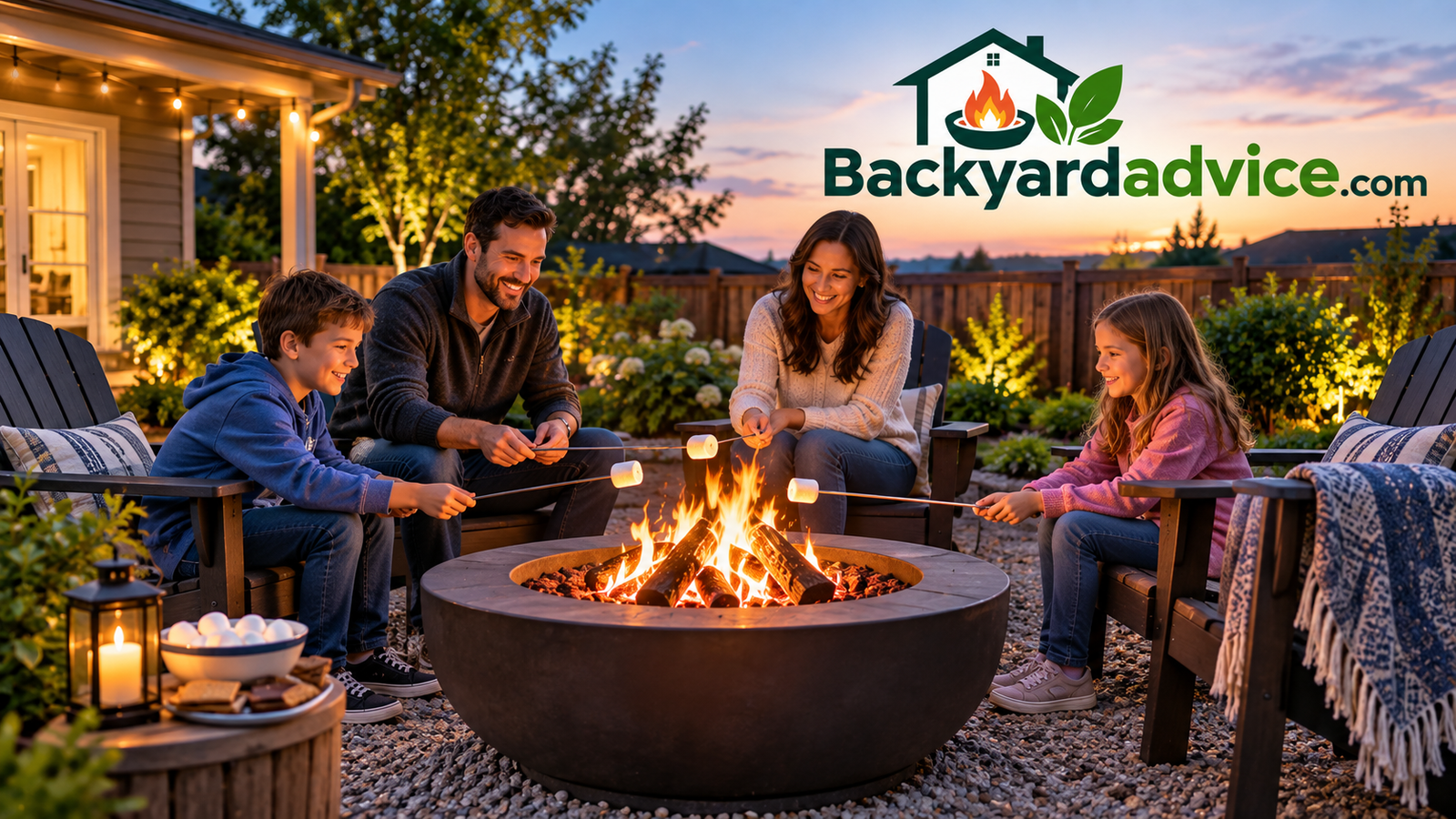 Family roasting marshmallows around a safely placed backyard fire pit on a gravel patio