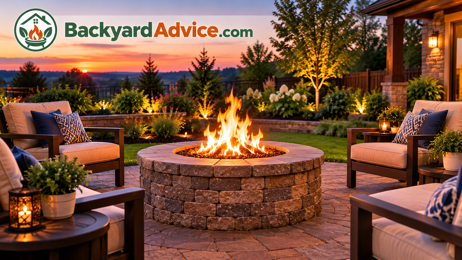 Finished stone block fire pit glowing at dusk in a landscaped backyard with seating around it