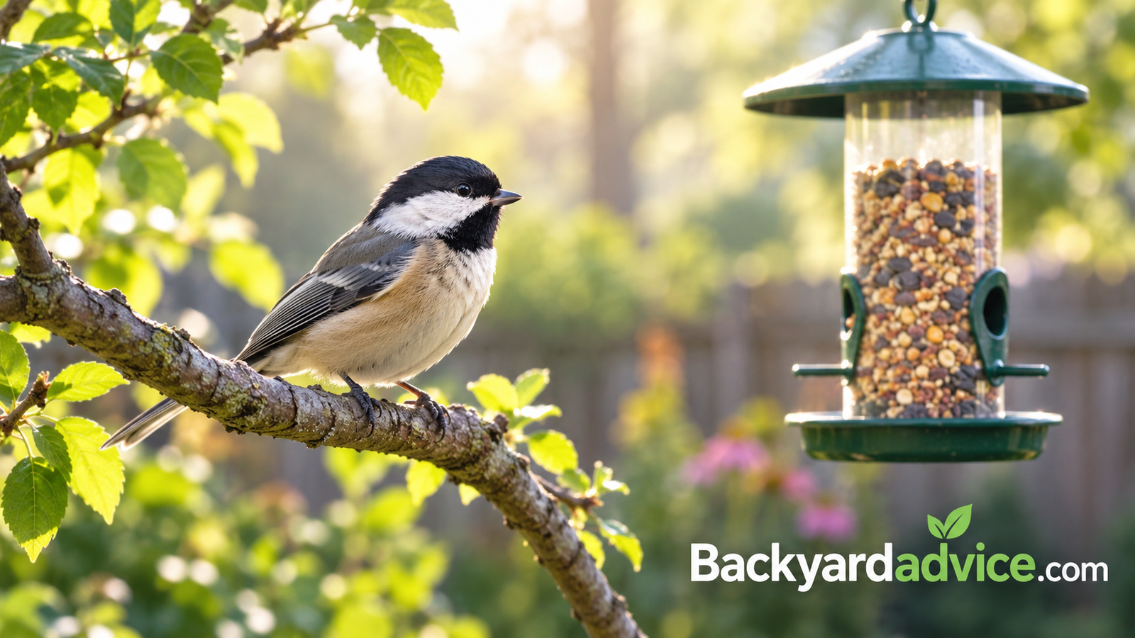 Small songbird perched on a branch near a backyard feeder in soft morning light