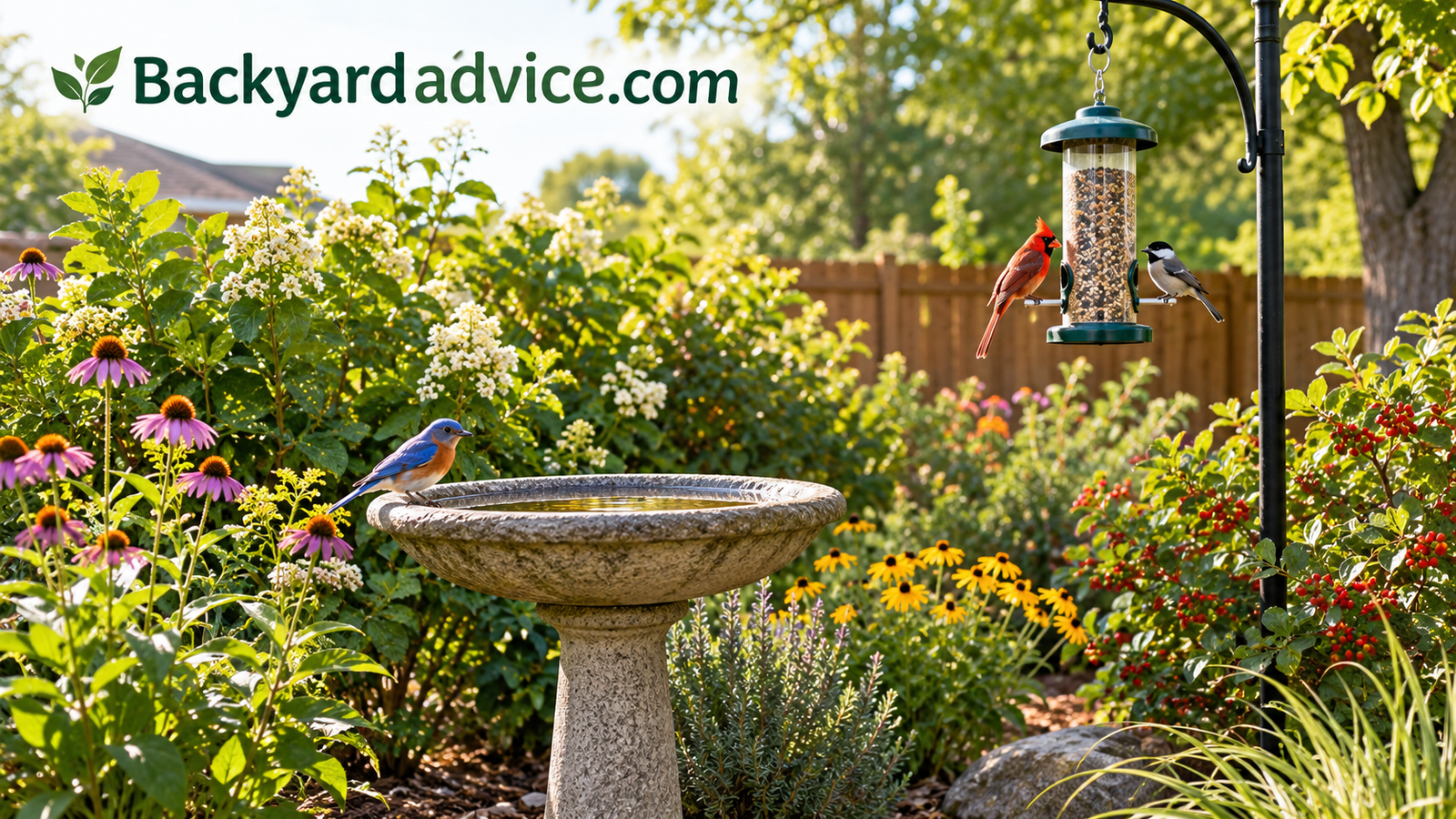 Sunlit backyard with a birdbath, native shrubs, and a feeder hanging from a pole