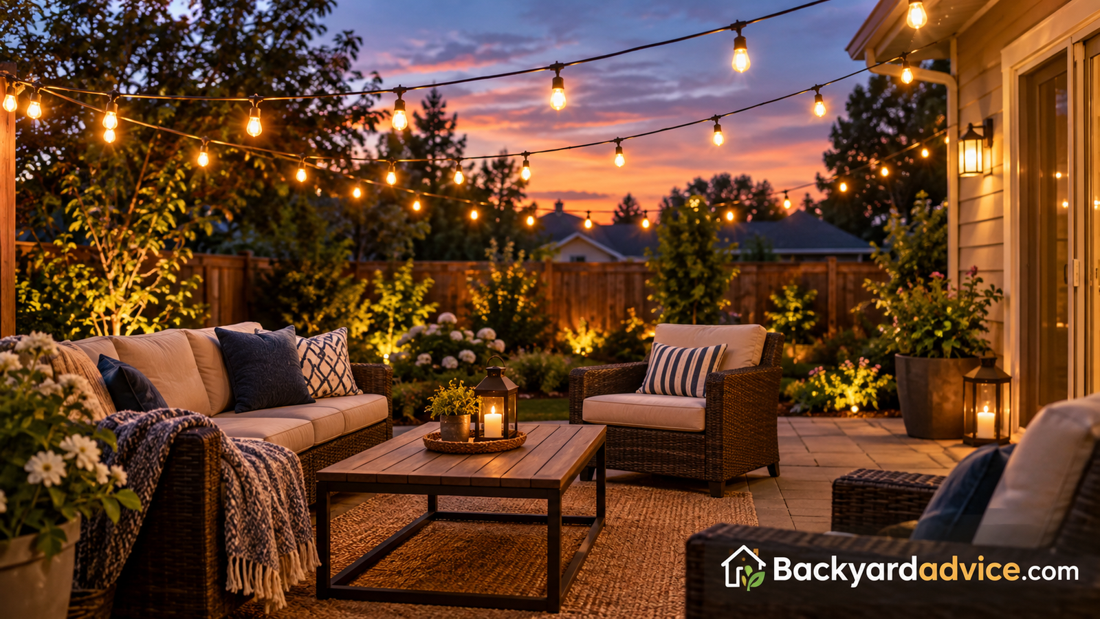 Warm glowing string lights stretched across a cozy backyard patio at dusk
